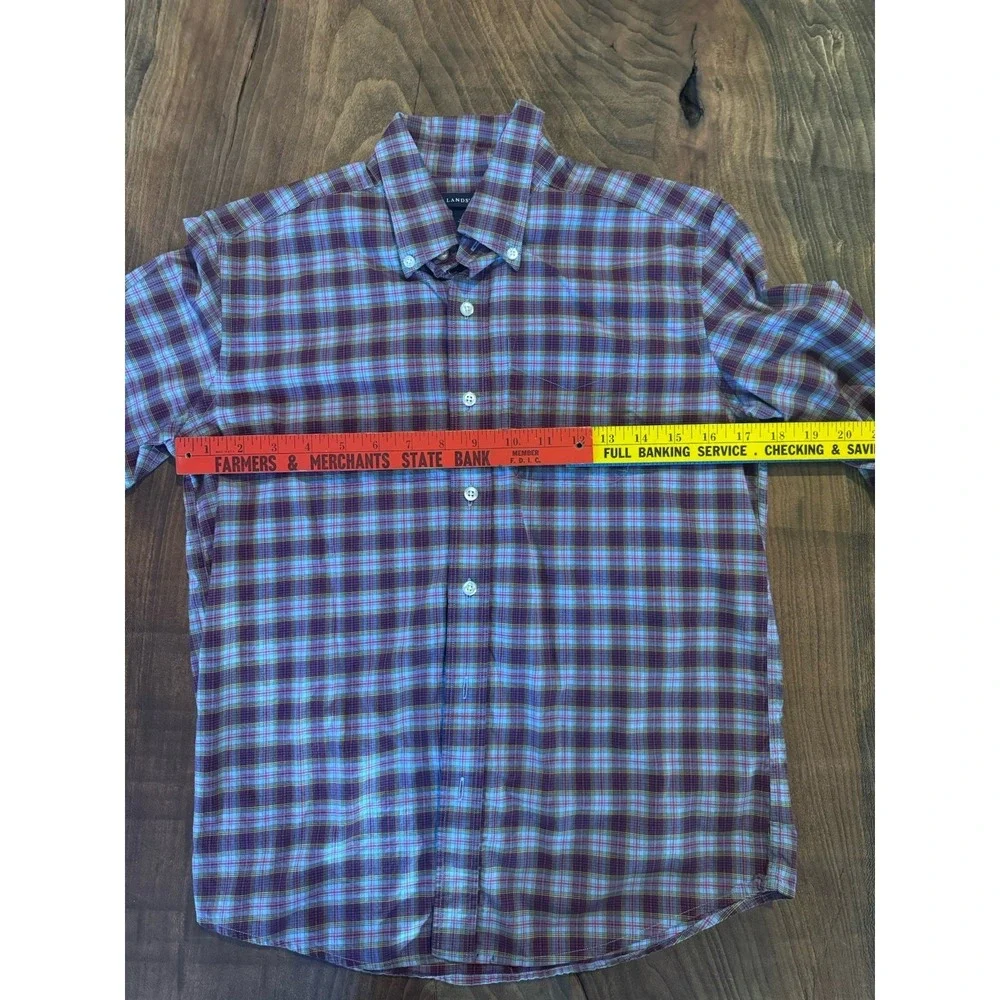 Lands End Boys Purple Green Plaid Long Sleeve Button Down Collared Shirt M 10-12